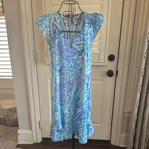 Lilly Pulitzer Blue and Green Patterned Midi Dress